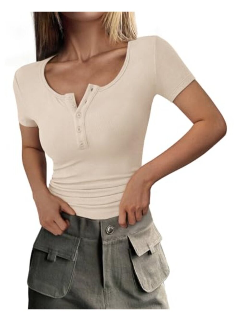 Ribbed Knit Henley Short Sleeve Womens Tee Fitted Casual Top